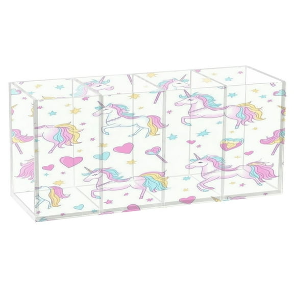 Unicorns and Magic Wands Acrylic Pen Holder 4 Compartments Clear Pencil Organizer Cup Makeup Brush Holder for Office Desktop Dorm Home