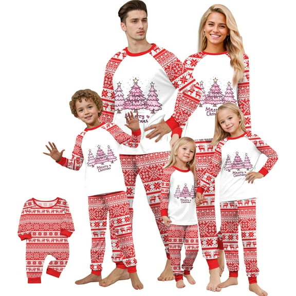 Family Christmas Pajamas Matching Sets – Red & White Long Sleeve Tops and Pants with 3 Christmas Tree Print, Festive Holiday Xmas PJs Sleepwear for Family, Couples, Men, Women, Adults