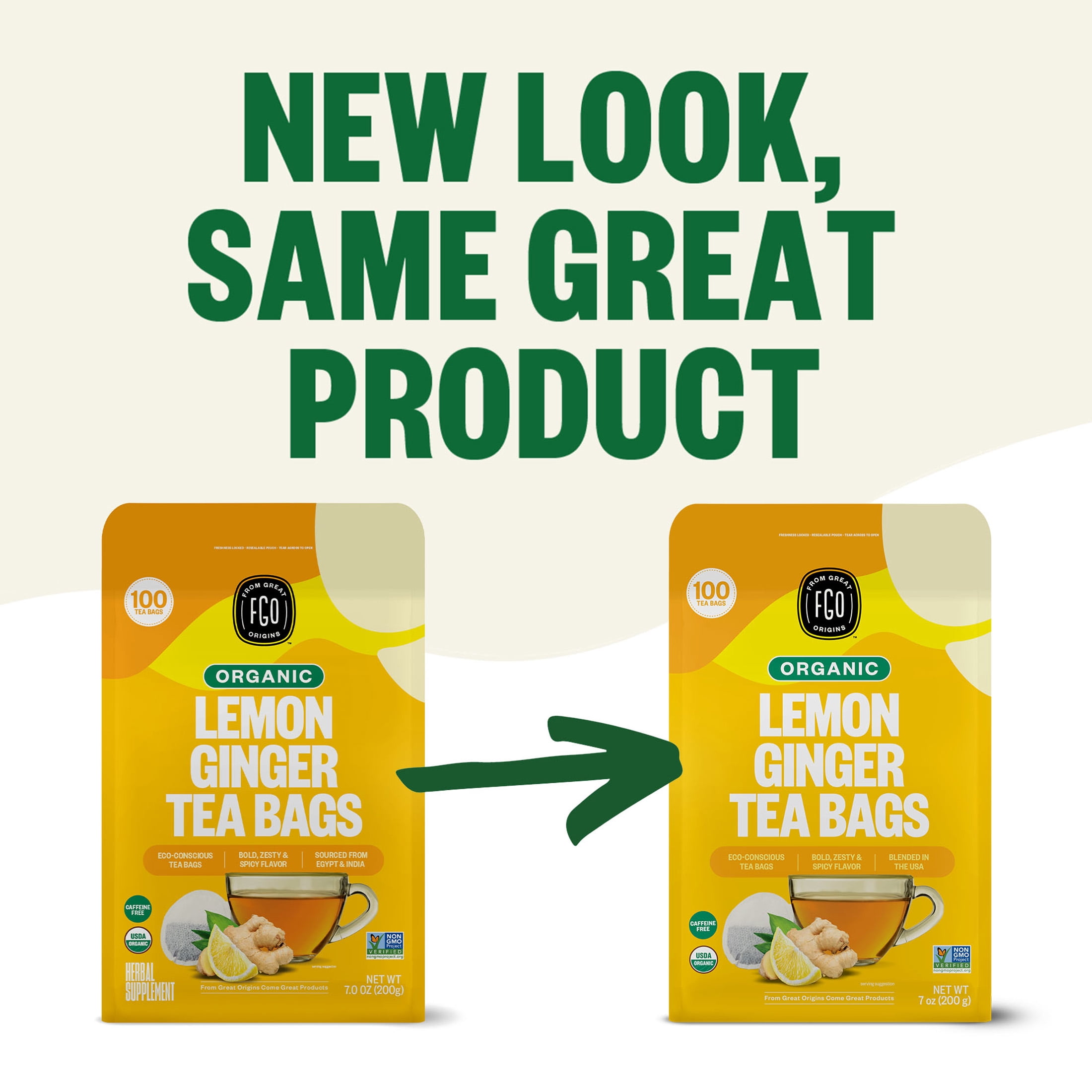 FGO Lemon Ginger Tea, Organic, Eco-Conscious Tea Bags (100 Count)