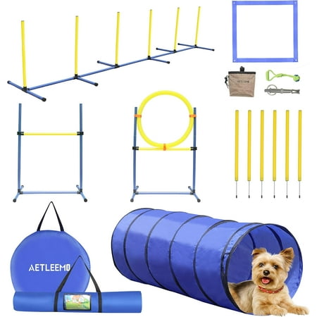 Dog Agility Training Equipment Set  Outdoor& Indoor  Deluxe Obstacle Course Starter Kit w/Tunnel  Adjustable Hurdle  Jumping Ring  6 Weave Poles  Pause Box  Carry Bag