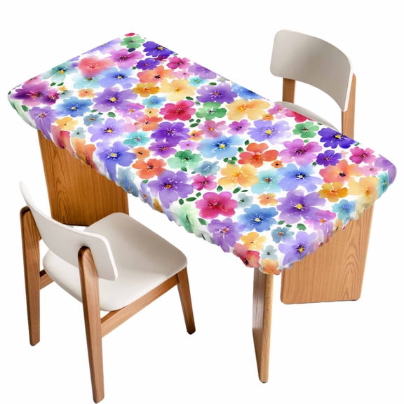 Colorful Flowers Table Cloths for 4 Foot Rectangle Tables, Spring Botanical Watercolor Floral Patio Waterproof Elastic Fitted Tablecloths, Washable Rectangular Table Cover for Camping