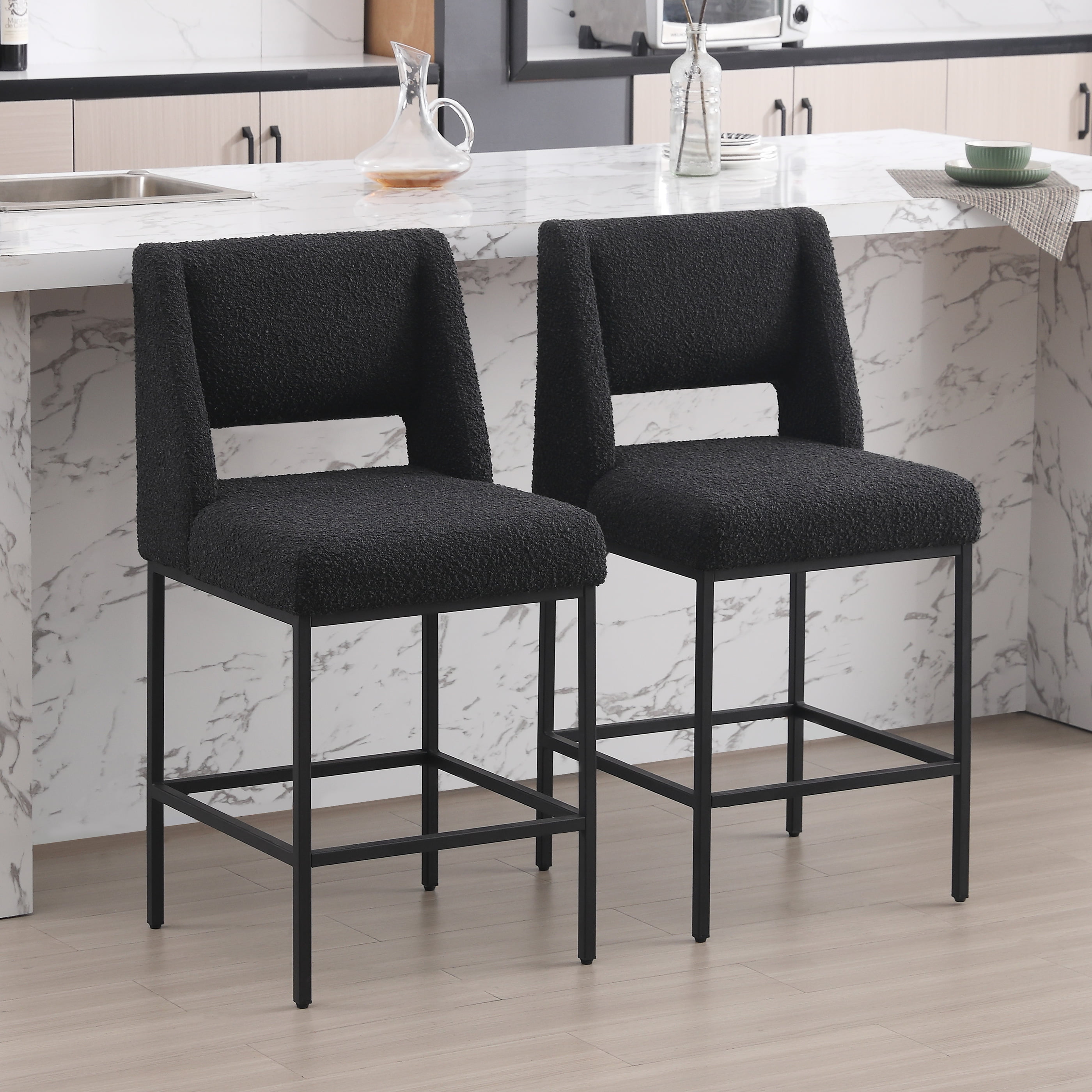 Zesthouse 26.4" Modern Counter Stools Set of 4, Boucle Fabric Bar Stools with Back and Metal Legs, Extra Thick Upholstered Counter Height Chairs for Kitchen Island, Black