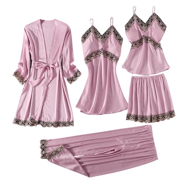 Camisón largo Gibobby para mujer Conjunto de pijama de satén 5 piezas lencería con ribete de encaje floral Rosa L