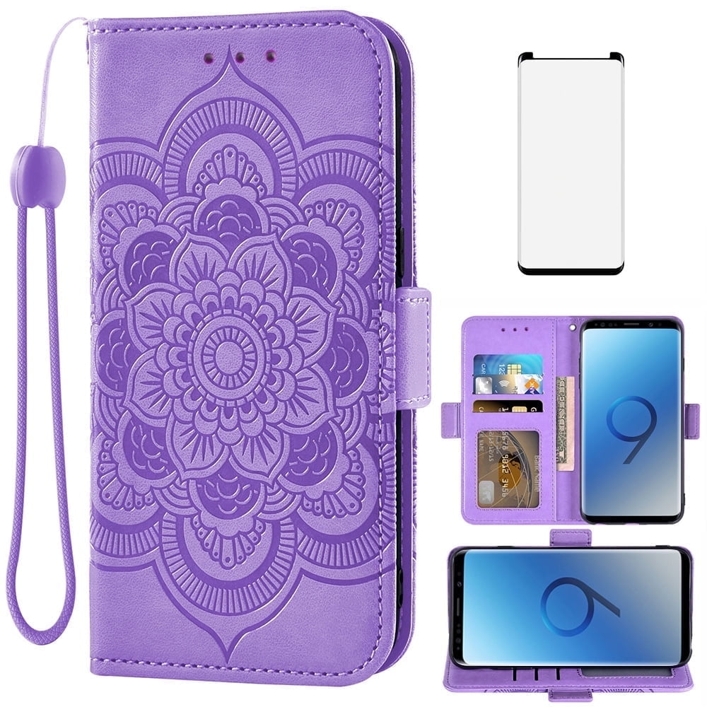 Asuwish Compatible with Samsung Galaxy S9 Wallet Phone Case and Tempered Glass Screen Protector Flip Credit Card Holder Stand Mandala Flower Cell Cover for S 9 Edge 9S GS9 Women Men Purple