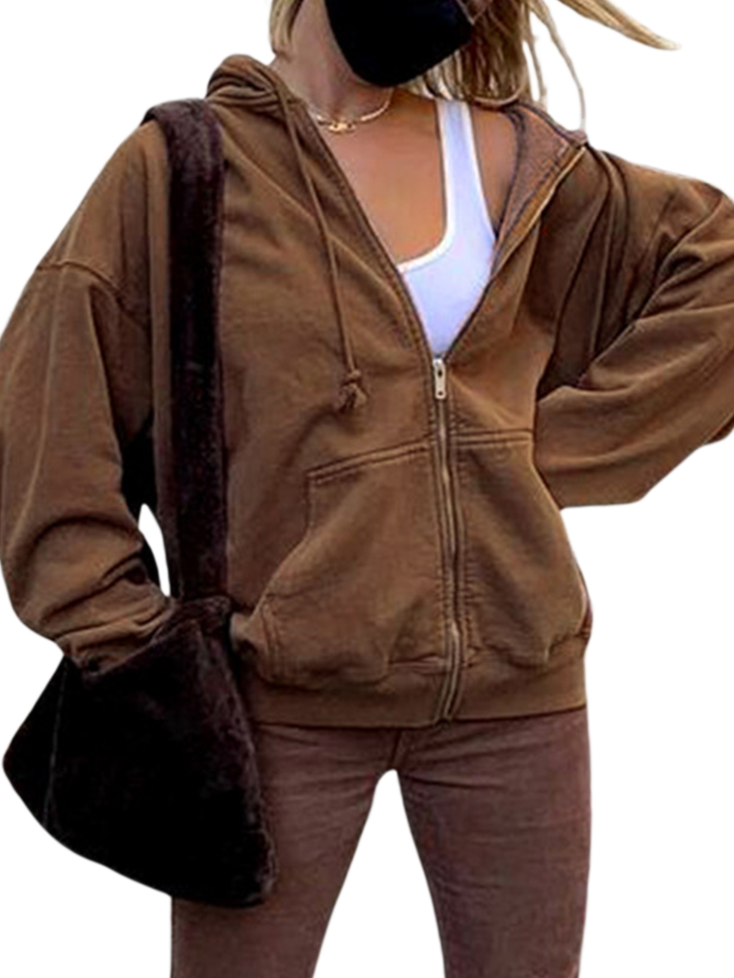 Musuos Women Girl Y2k Zipper Hoodies Brown Hooded Sweatershirt Zip Up ...