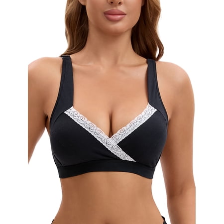 INSPIRE CHIC Women's Lace Polka Dots Crossover Wirefree Sleep Breastfeeding Soft Cup Maternity Nursing Bras S Black