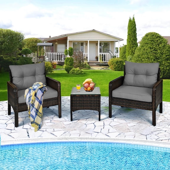 DRAZUNO 3 PCS Patio PE Wicker Furniture Set w/Cushions and Tempered Glass Coffee Table