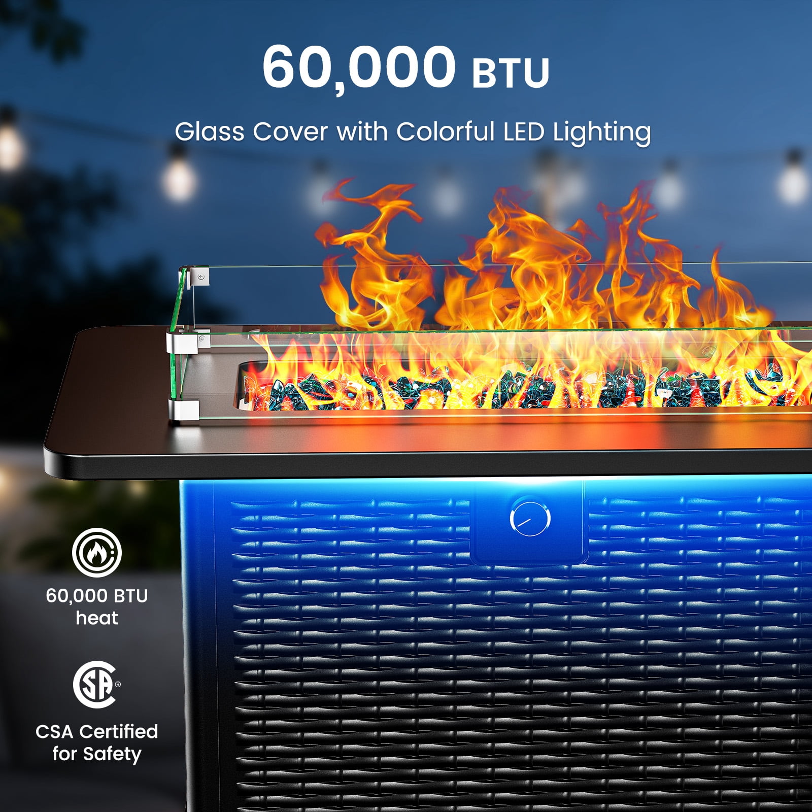 Philergo 43" Propane Fire Pits with RGB Strip, 60,000 BTU Rectangular Gas Fire Pit Table with Glass Beads, Wind Guard and Waterproof Cover for Outside, Patio, APP or Remote Control