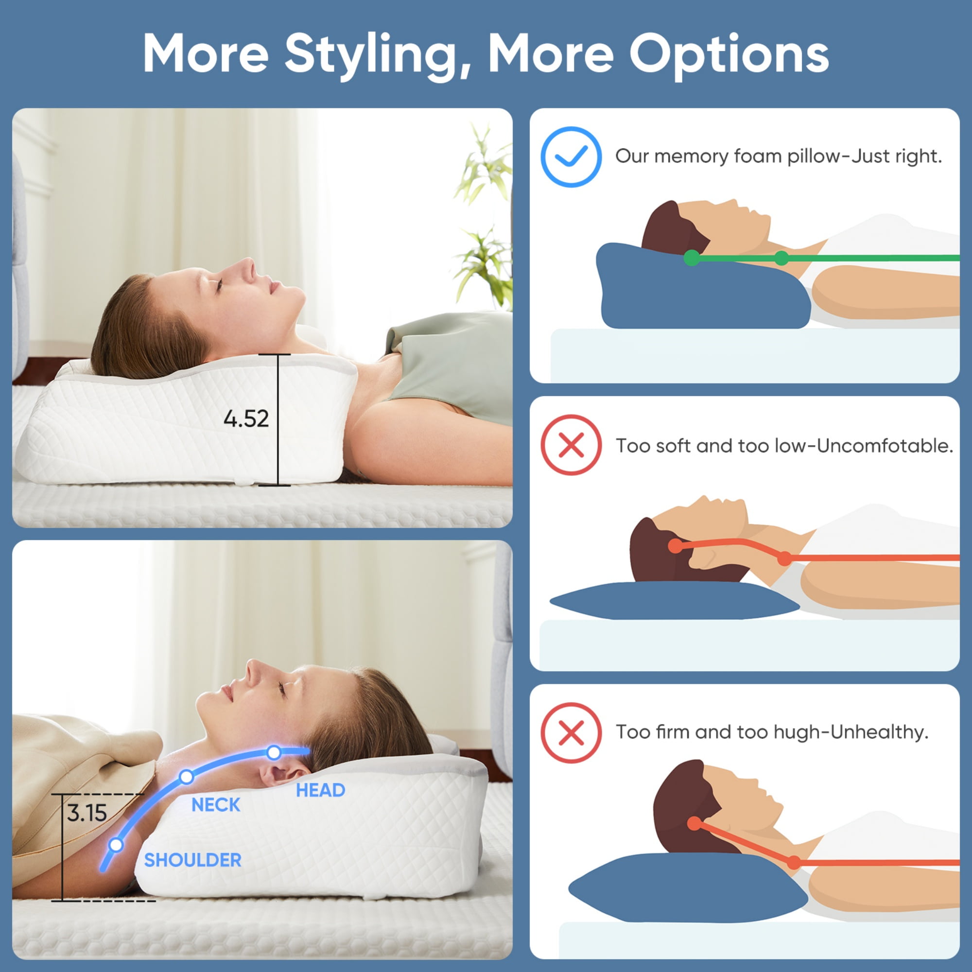 edx Queen Size Cervical Contour Pillow Effective Pain Relief Cooling Pillow for Neck Support, Ergonomic Contour Memory Foam Bed Pillow for Side Back Stomach Sleepers, Gray