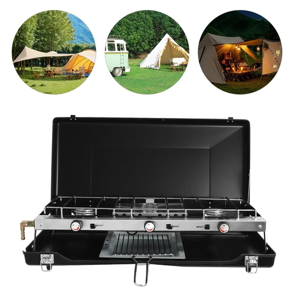 3 Burner Modern Portable Cooking Propane Butane Gas Camping Stove W/ Grid Tray for Camping, Barbecues