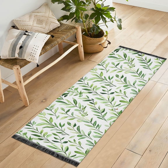 Yayeee Runner Rug for Bedroom 2'x6' Machine Washable Hallway Non Slip Mat, Green Leafy Pattern