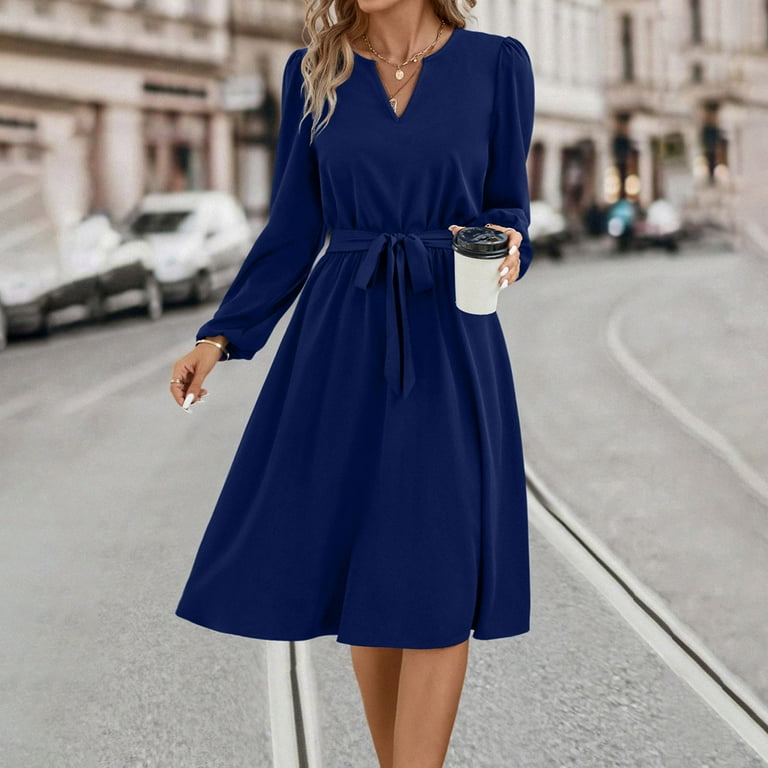 biudgviw Wedding Guest Dresses for Women Trendy Long Sleeve V Neck Plain  Dress Belted Loose A-Line Party Midi Dress - Walmart.com