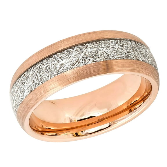 Free Engraving Personalized Custom Engraving Men's Women's Tungsten Wedding Band 8mm Semi-Domed Rose Gold Tone IP Plated with Imitation Meteorite InlaySZ: 8
