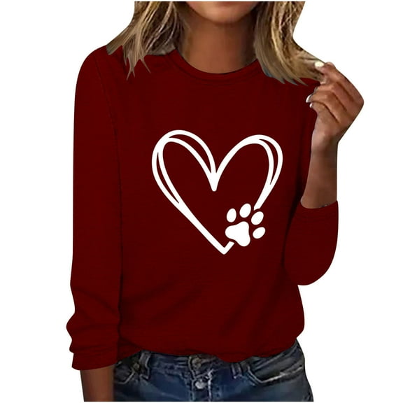 ibuvkizy Womens Sweatshirts Valentines Day Love Heart,Women's Printed Round Neck Pullover Long Sleeved Casual Womens Sweatshirts Wine,XXL