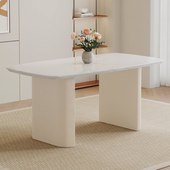 Ciphrias Dining Table, 67" Cream Faux Marble Oval Table with Fluted Base for Dining Room