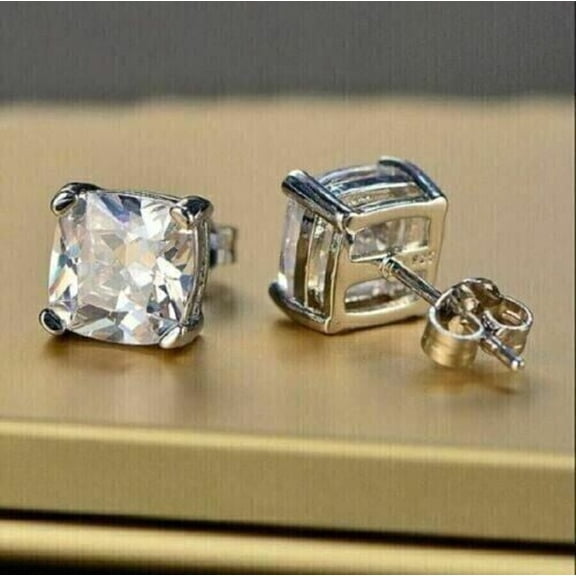 2Ct Lab Created Diamond Cushion Cut Solitaire Push Back 8 Prongs Simple Stud Earrings 14K White Gold Plated