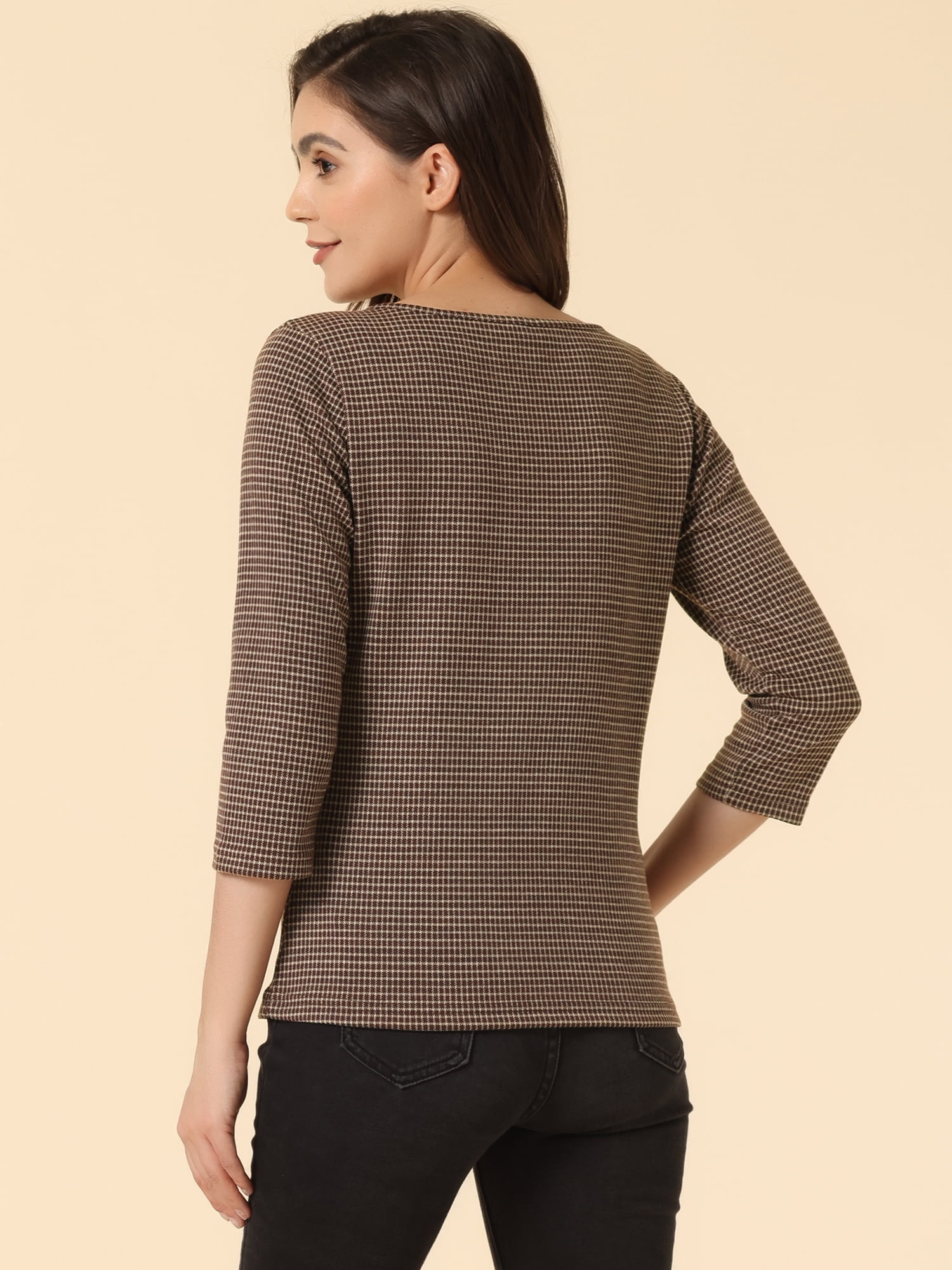 Unique Bargains Women's Work Office 3/4 Sleeve Boat Neck Houndstooth Top M Brown Khaki