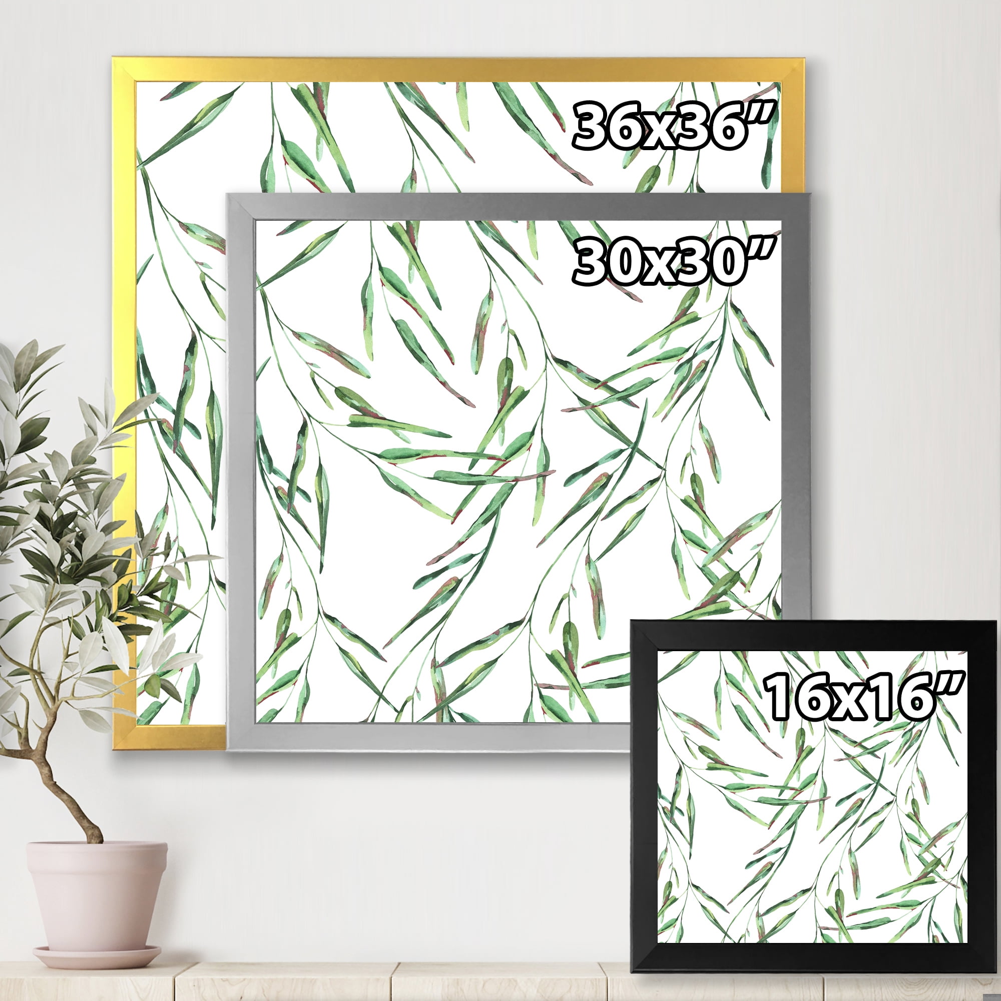 Designart 'Tropical Green Leaves On White In Summer Times II' Tropical Framed Art Print
