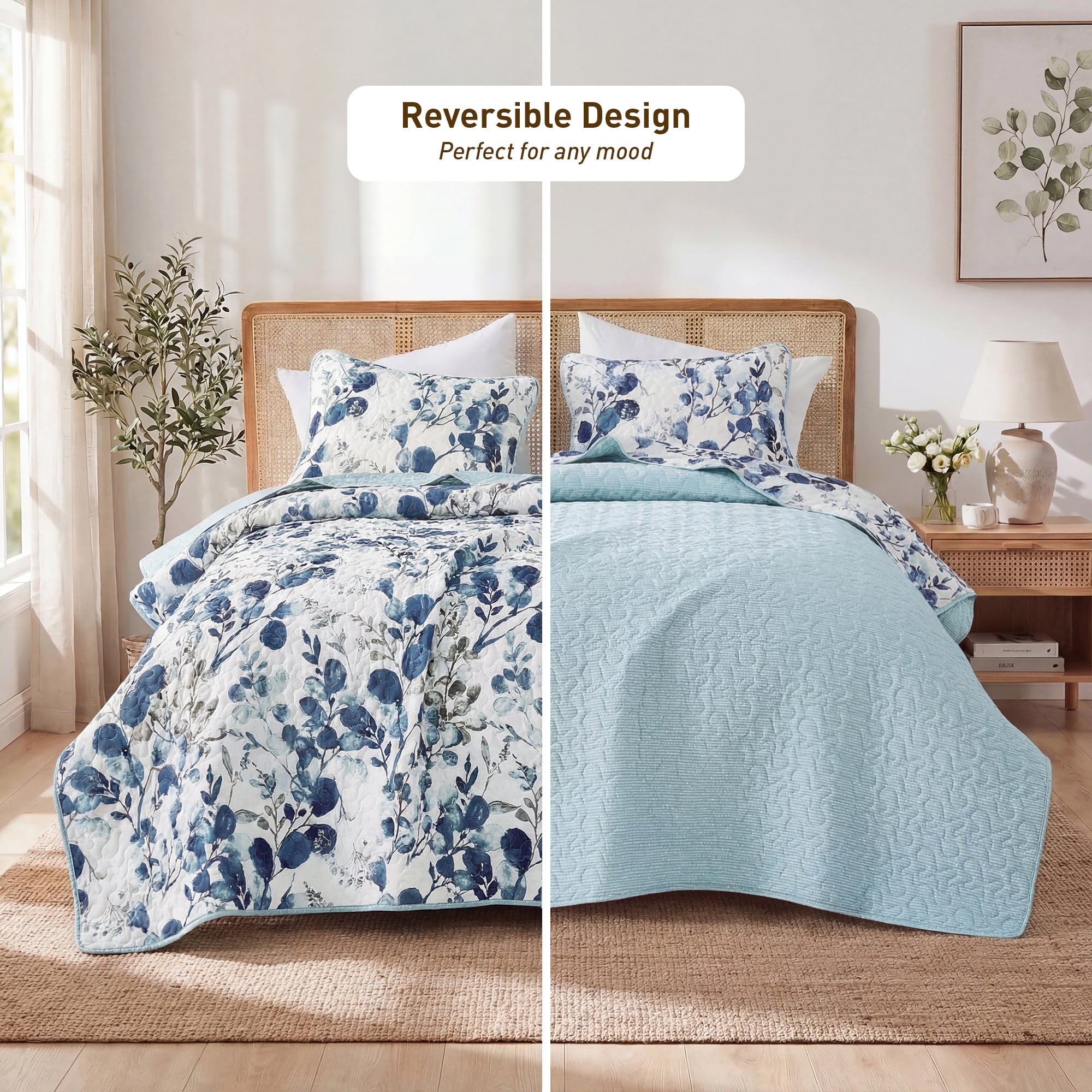 Regency Heights Twin Botanical Quilt Set for Dorm, 2-Piece Reversible Floral Summer Quilt Coverlet Bedding Set, Blue Quilted Bedspread with Sham for All Season