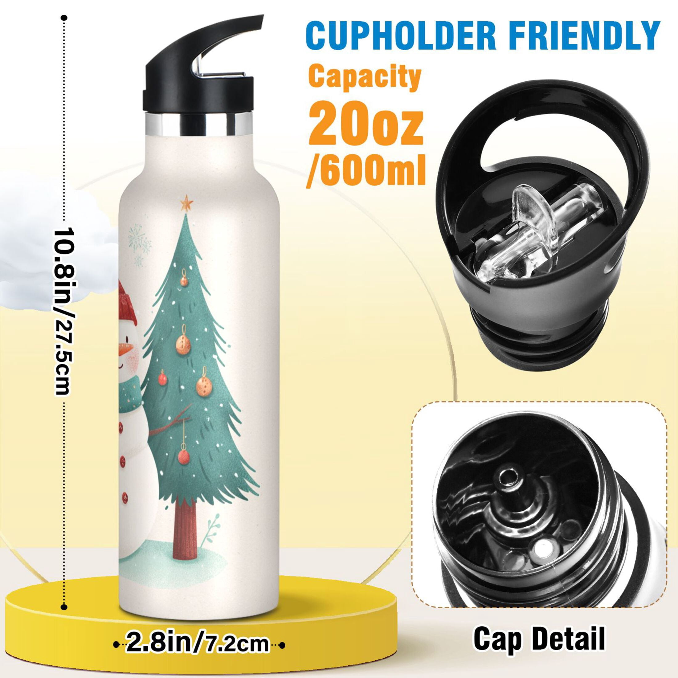 600ML Stainless Steel Insulated Cup Sports Water Bottle Portable Thermos Cup Water Glasses Insulated Tumblers Convenient and Durable Watercolor Christmas Snowman