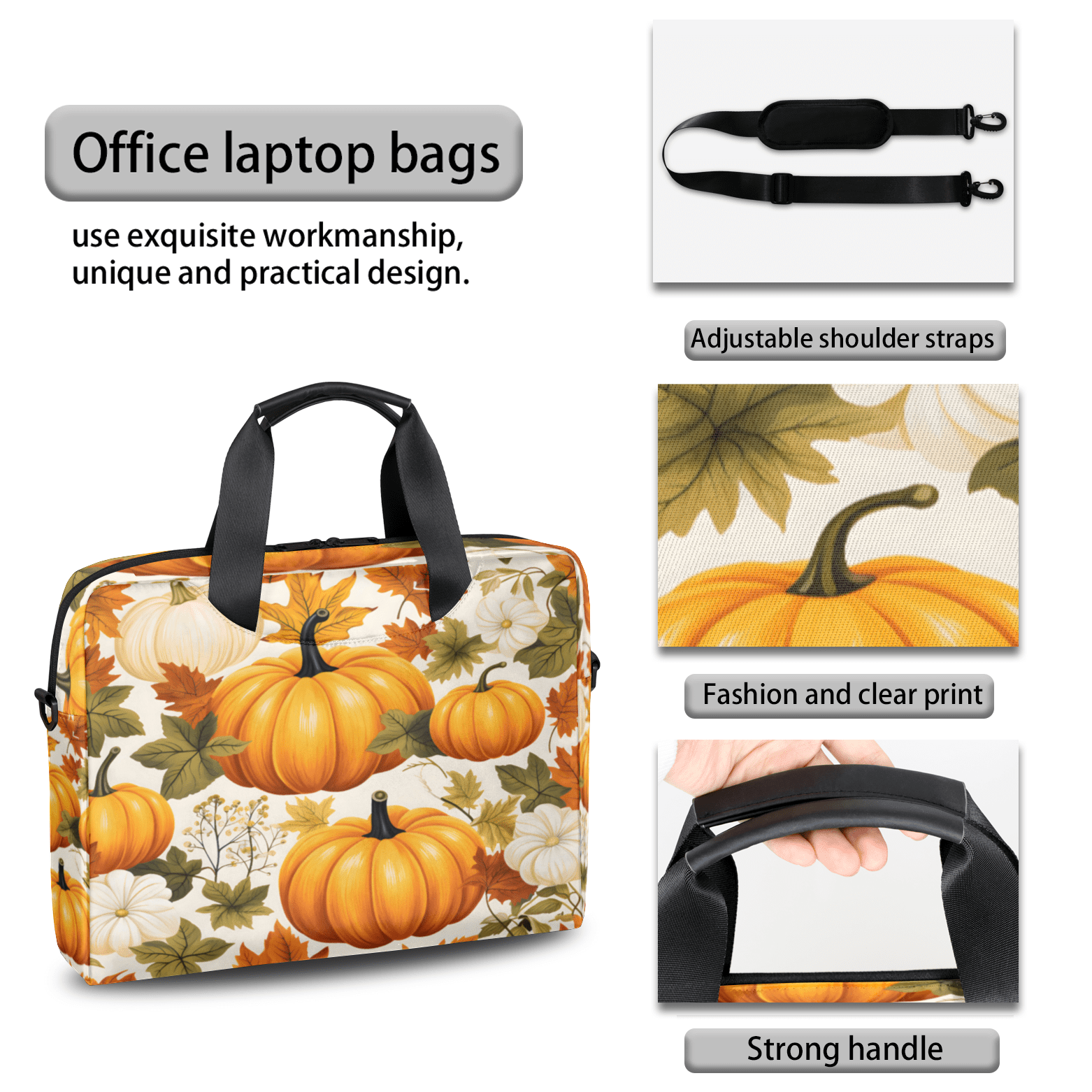 Herdesigns Autumn Pumpkin Maple Leaves Laptop Bag for Women Men, Computer Case Briefcase Messenger Bags, 15-15.6 inch Laptop Sleeve Shoulder Bag