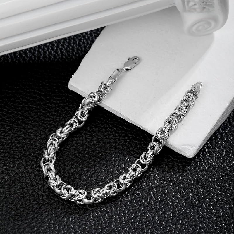 6MM Byzantine Chain Bracelet Solid 925 Sterling Silver Man Link Bracelet Made in Italy with Lobster Clasp for Men Women Size 7/8/9
