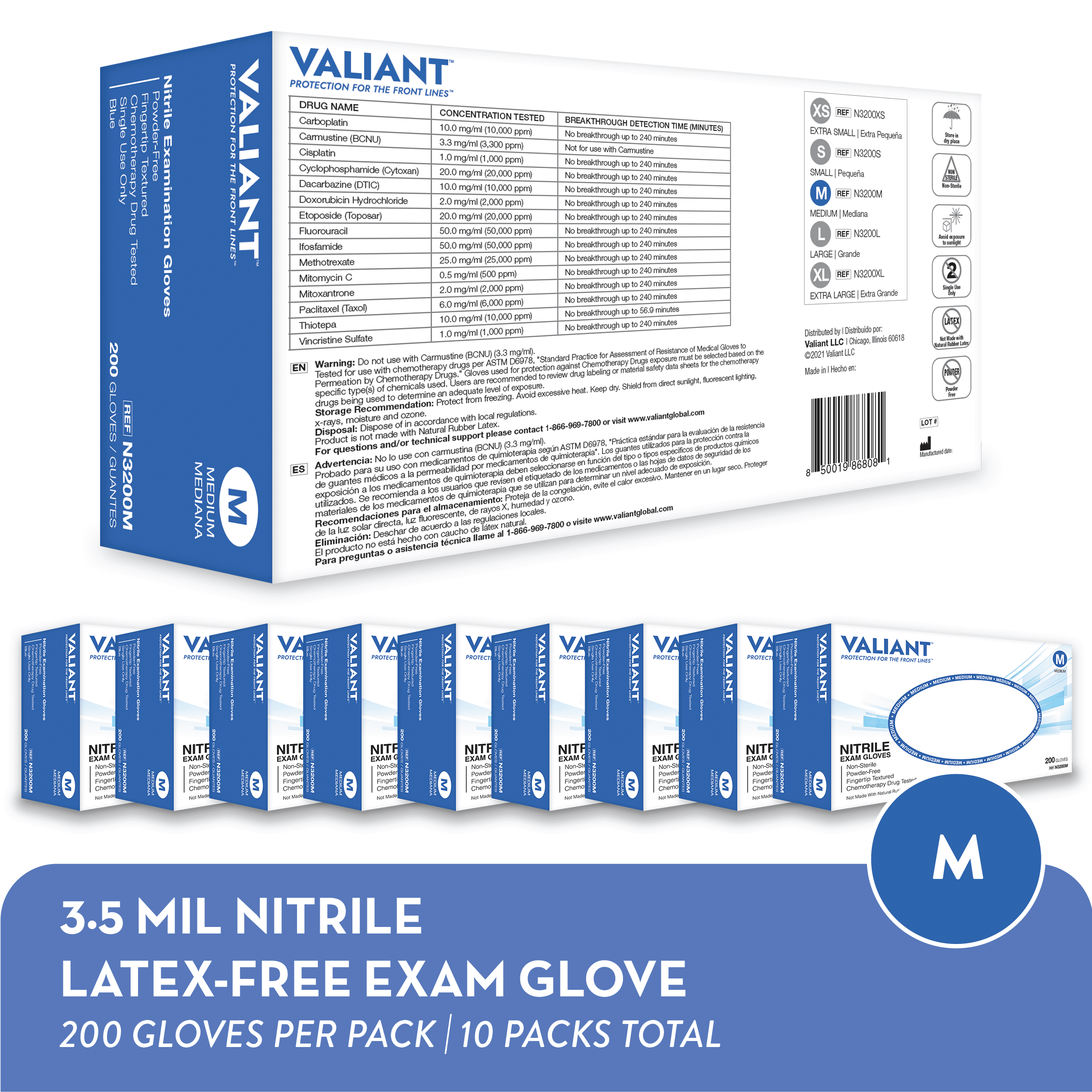 Valiant N3200 Nitrile Exam Gloves, Single Use Only, Fingertip Textured, Cornflower Blue, Medium, 200 Per Box, 10 Boxes