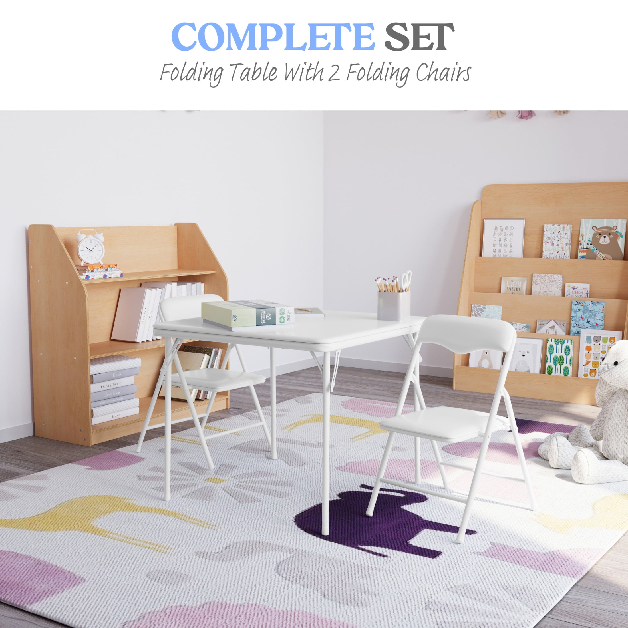 Emma + Oliver 3 Piece Kids Folding Table and Chair Set with White Vinyl Tabletop, Backrest and Seat