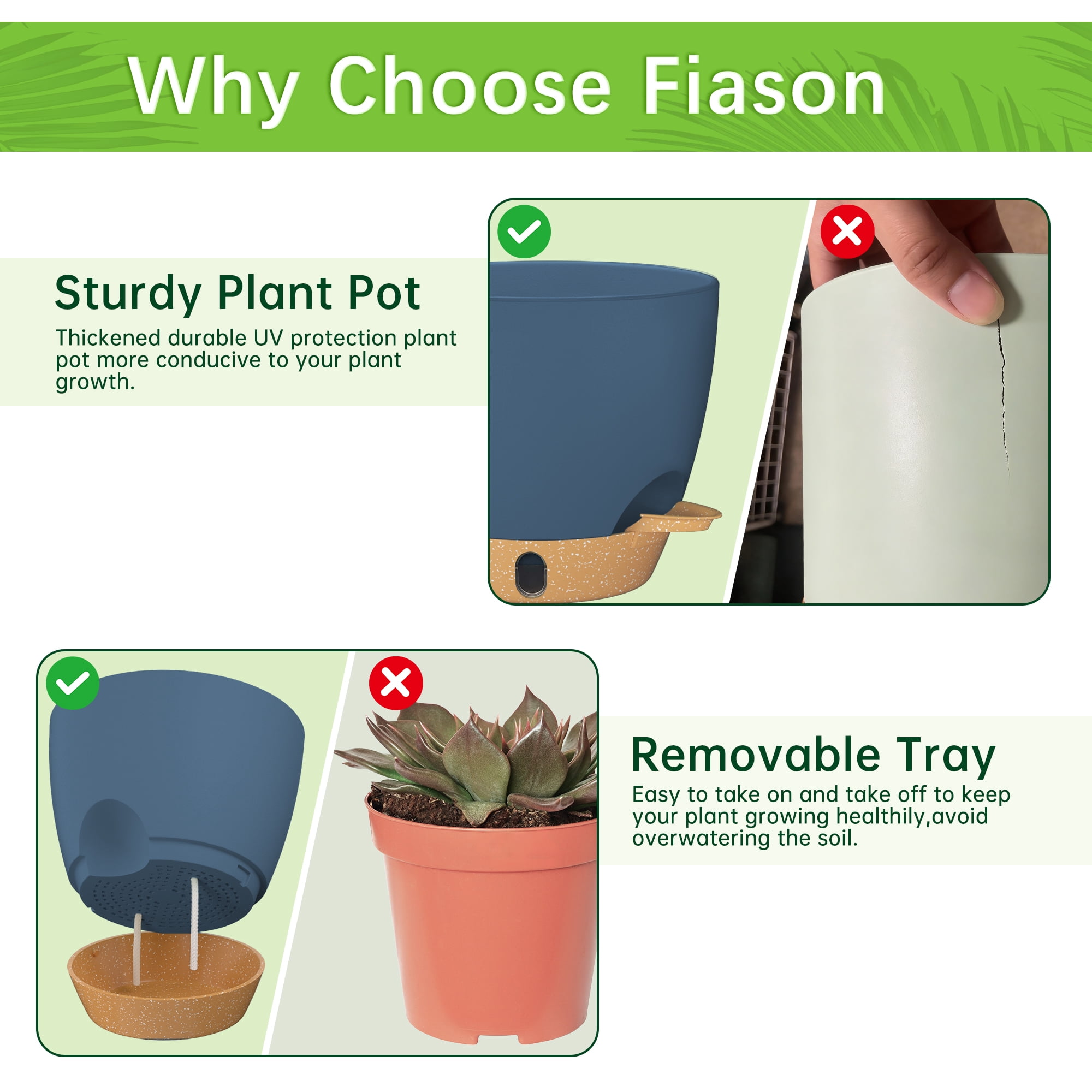 FIASON 6 Pack Self Watering Plant Pots, 5/5.5/6/6.5/7/8 Inch Blue with Brown Flower Planters with Watering Lip, Drainage Holes & Removable Saucer for Indoor Outdoor Garden House Plants