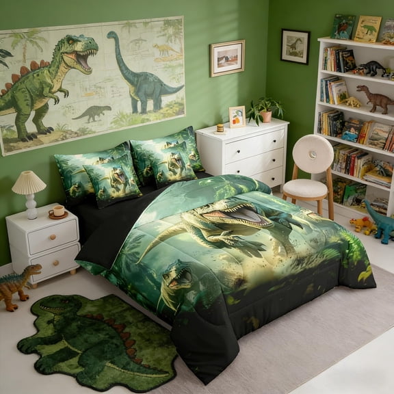 7-Piece Kids Dinosaur Bedding Set Twin Green Comforter with Sheets Pillow Cases Cartoon Bed in a Bag for Boys