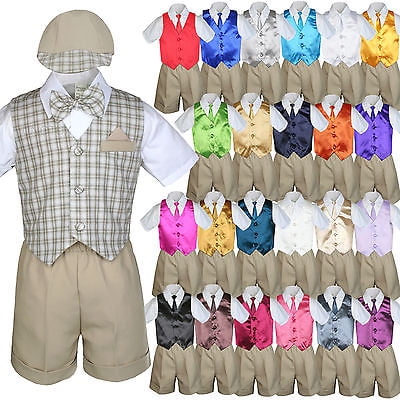 

Baby Boy Toddler Formal Khaki Vest Shorts Check Suit Extra Necktie 7pc Set S-4T