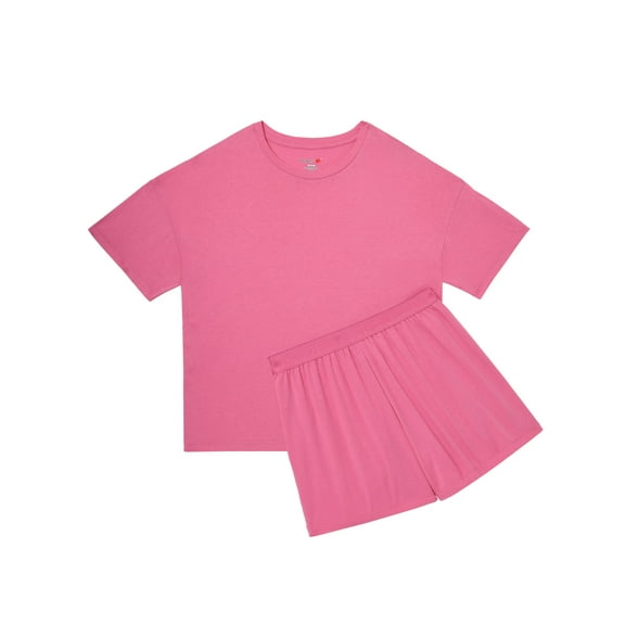 Hanes Originals 2 Piece Lounge Set, Comfywear SuperSoft Boxy T-Shirt & Sleep Shorts Loungewear Parrot Pink/Parrot Pink L Women's