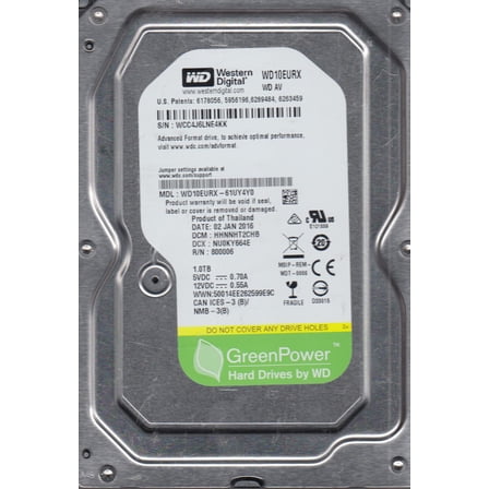 WD10EURX-61UY4Y0, DCM HHNNHT2CHB, Western Digital 1TB SATA 3.5 Hard Drive
