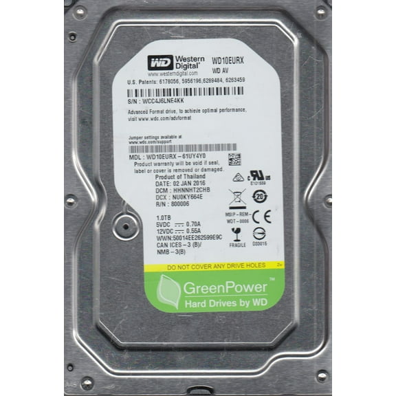 WD10EURX-61UY4Y0, DCM HHNNHT2CHB, Western Digital 1TB SATA 3.5 Hard Drive