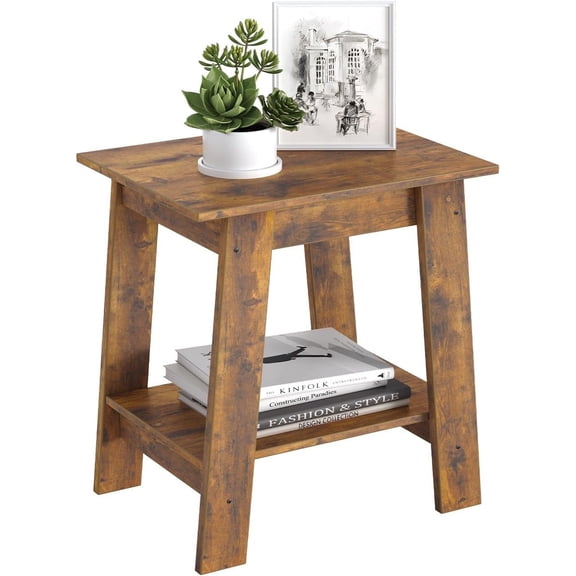 Farmhouse 2-Layer Storage Shelves and Wooden End Table, Brown, 1 Piece