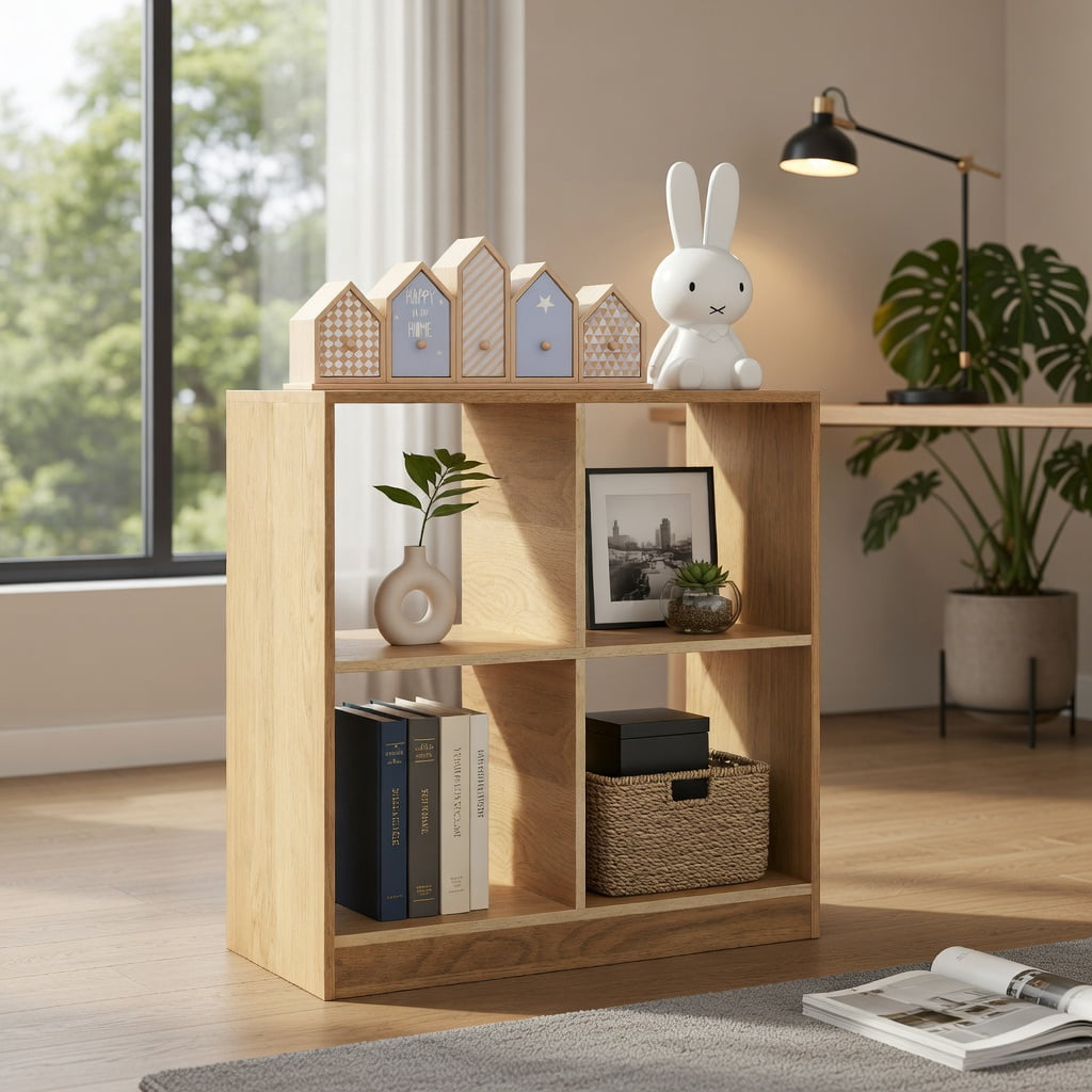 Spaco 4-Cube Kids Bookcase with Open Shelves-Natural, Toy Organizer for Kids, Boys, Girls, Nursery
