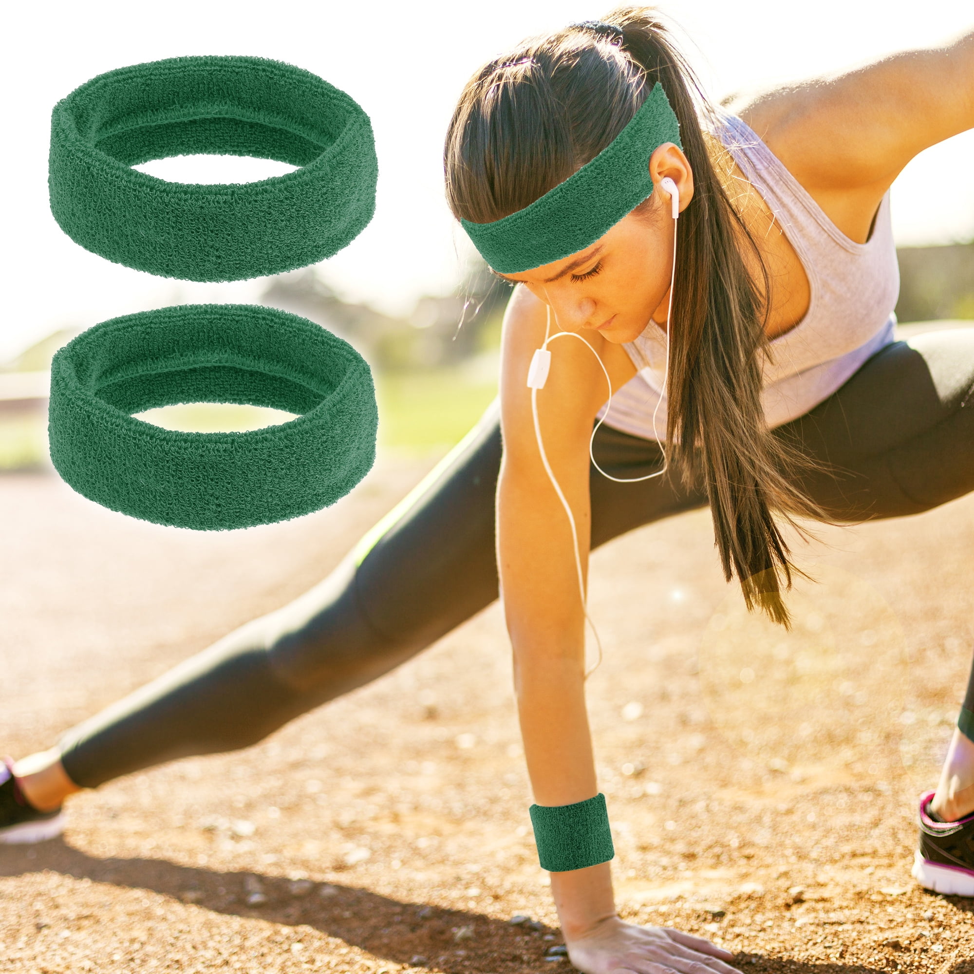 Unique Bargains 3 Pcs Sport Headband Wristband Sweatband Cotton Blend Grass Green