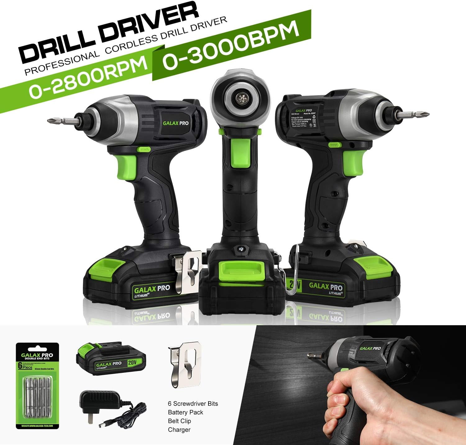 Impact Driver 20 V Lithium Ion 1/4" Hex Cordless Driver with LED Work Light, 6 Pieces Screwdriver Bits, Variable Speed (0-2800 RPM)- 1.3 Ah Battery and Charger Included