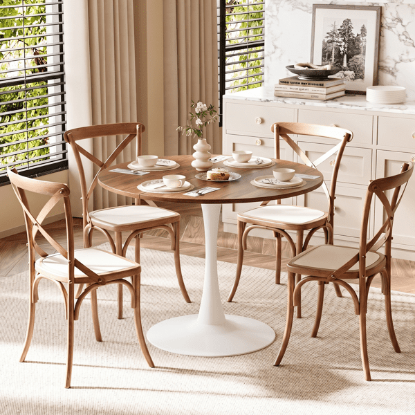 Round Tulip Dining Table for 4 People, Melamine Laminated MDF Tabletop with Metal Pedestal Base, Easy Assembly Modern Kitchen Dinner Table, 39.4"X39.4"X29.5"