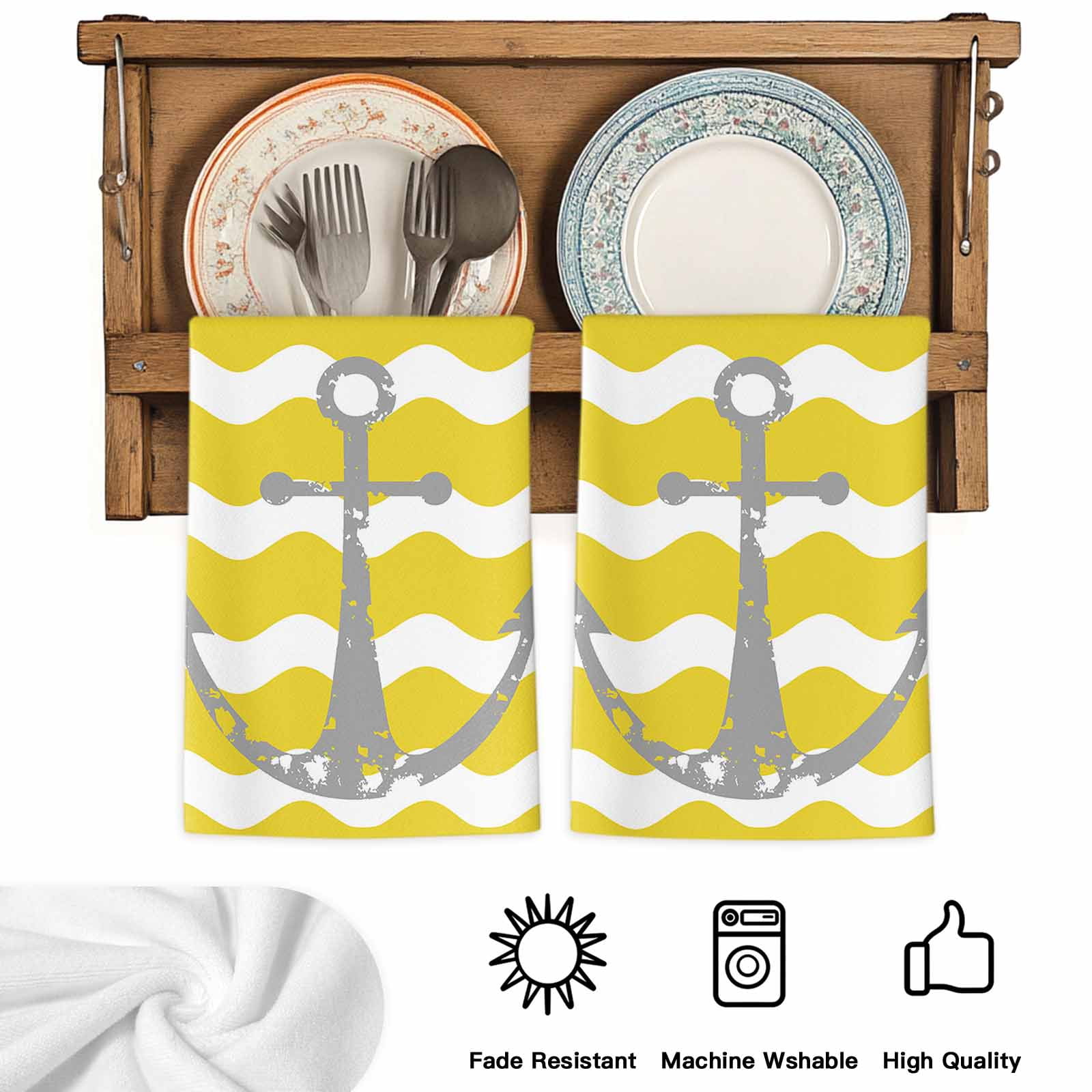 Dish Towels, Nautical Anchor Absorbent Kitchen Towels 2 PCS, Yellow and White Wave Stripes Microfiber Hand Towels Dish Cloths Tea Towels for Home&nbsp;Bathroom Cleaning Drying,18X28-Inch,