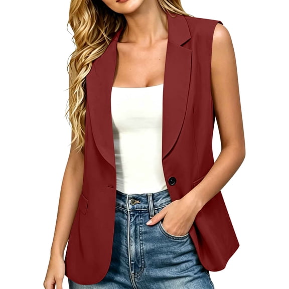 Sexlip Women Sleeveless Blazer Vest Notched Lapel Single Button Front Dual Side Hand Pockets Relaxed Fit Office Business Layering Waistcoat Outer Jacket Red L