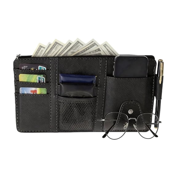 Car Visor Organizer with Sunglasses Holder, PU Leather Sun Visor Storage Pouch for Documents, Travel Essentials & Car Accessories, Multiple Pockets