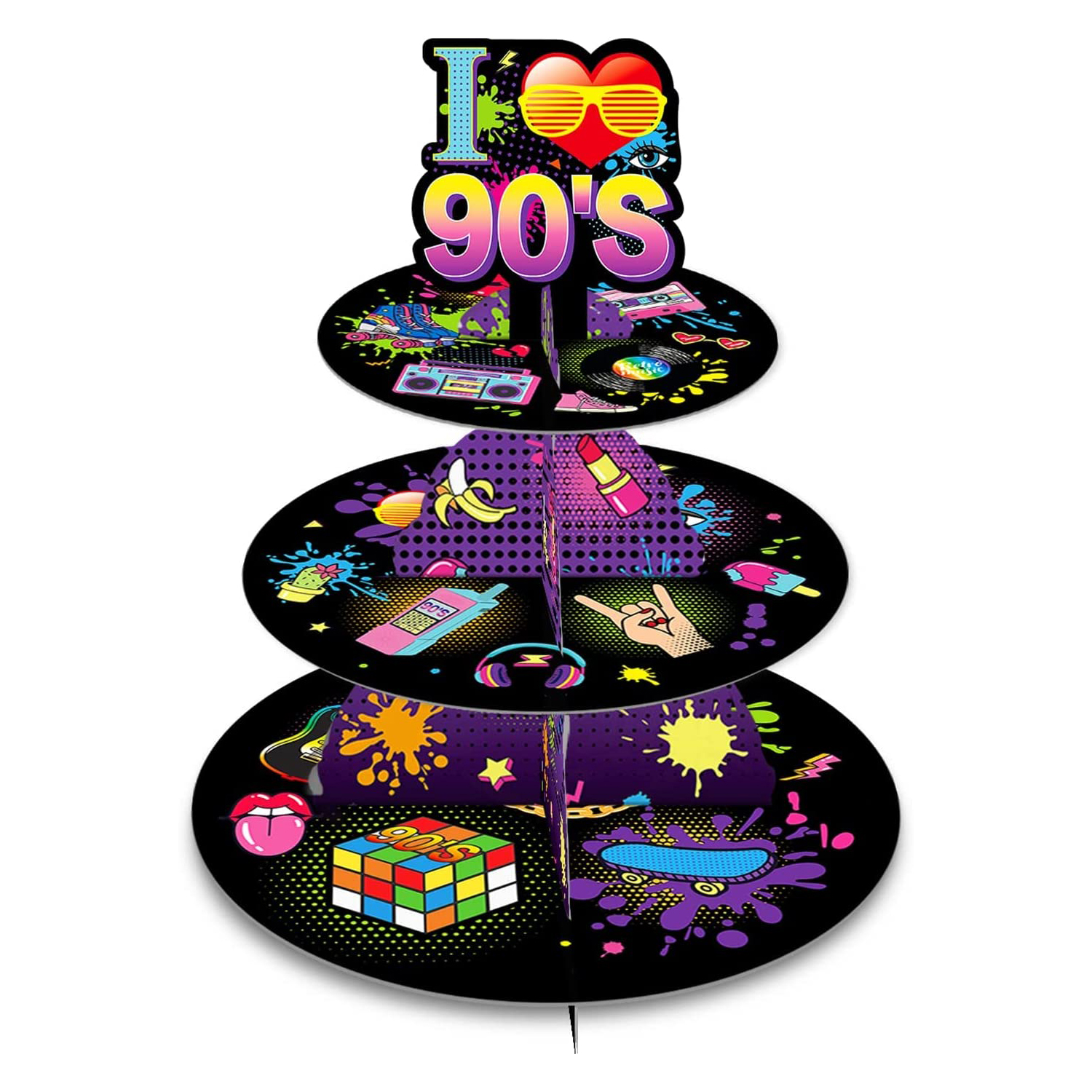 3 Tiers 90s Cardboard Cupcake Stand For Retro 1990s Birthday Party 3-tiers-90s-cardboard-cupcake-stand-for-retro-1990s-birthday-party
