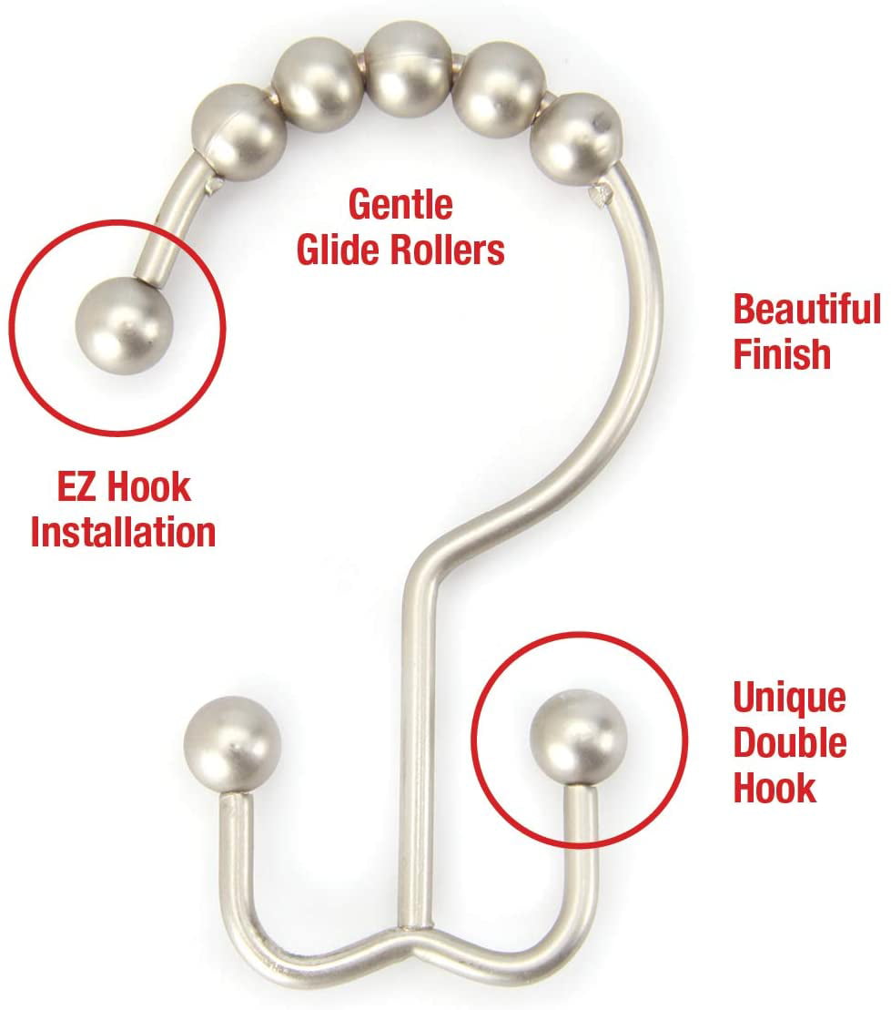 Premium Rust Resistant Stainless Steel Metal Hook Polished Nickel Decorative Finish Set of 12 Roller Balls Glide on Shower Rods 2lbDepot Double Shower Curtain Hooks Rings