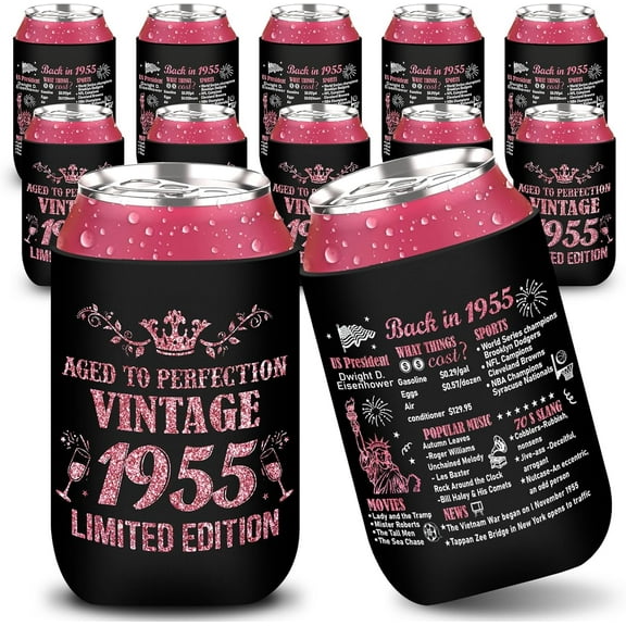 12 Pack 70th Birthday Can Cooler Sleeves Rose Gold 70th Birthday Party Favor Gift Vintage 1955 Beverage Can Sleeves for Women Seventy Years Old Party Decorations Vintage 1955 Party Supplies