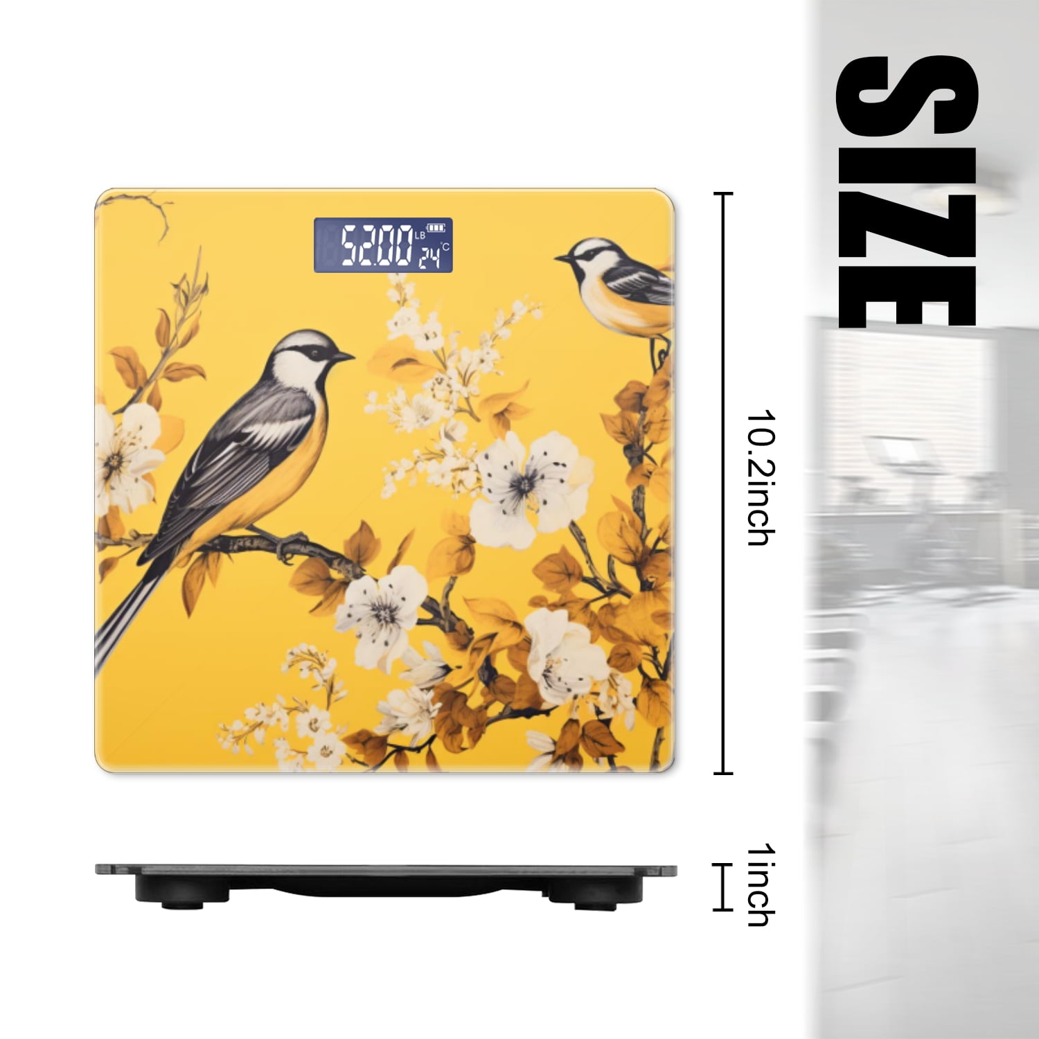 High Precision Body Weight Scale Smart Bathroom Scales with Large LCD Display(400lbs),Decorative for Bedroom-Birds And Flowers On Yellow Background