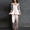 thumbnail image 5 of Mrat Work Outfits Set Office Satin Pajama Set Long Sleeve V-Neck Shirt with Long Pajama Pant Set Soft Loungewear Outfits S-44 Rose Gold XXL, 5 of 7