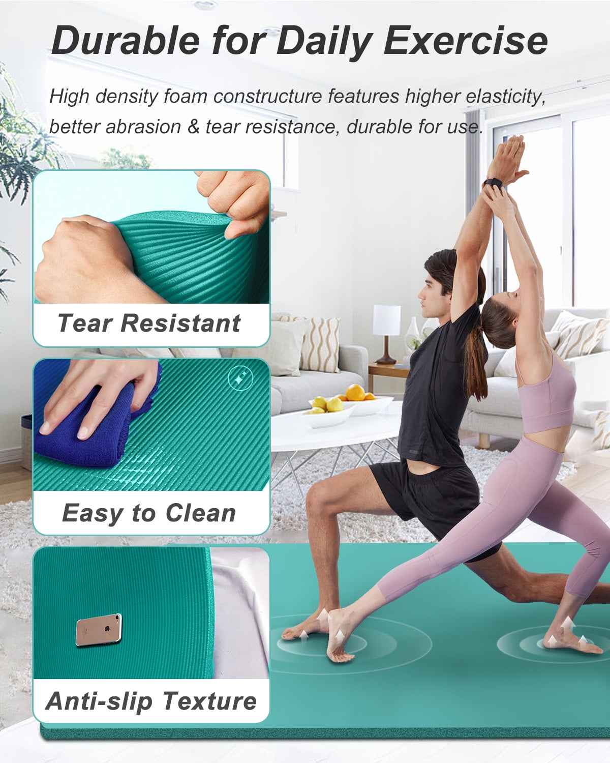 YR Large Yoga Mat 10mm Thick NBR Foam Exercise Mats for Home/Gym Workout Fitness, Ice Blue