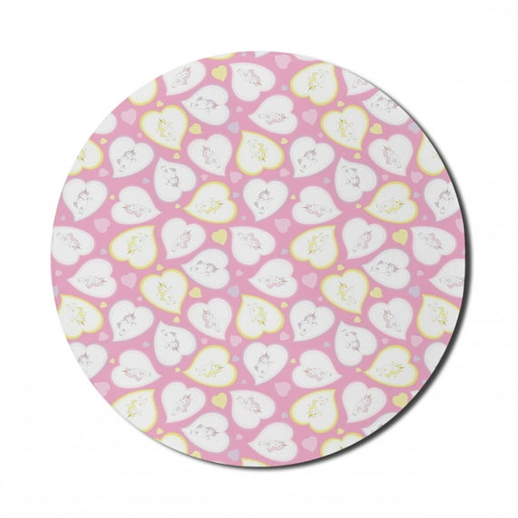 Romantic Mouse Pad for Computers, Love Theme Childish Unicorns in Hearts for Valentines Day, Round Non-Slip Thick Rubber Modern Mousepad, 8" Round, Baby Pink Pastel Yellow Pale Mauve, by Ambesonne