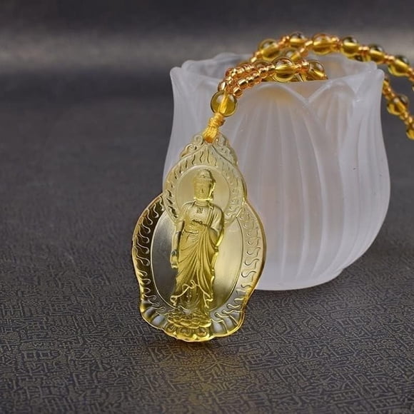 Citrine Crystal Orgone Godness Glazed Amulet,White Tara Buddha Hand-Carved Guanyin Jade Crystal Amulet Necklace(Chain 65cm)